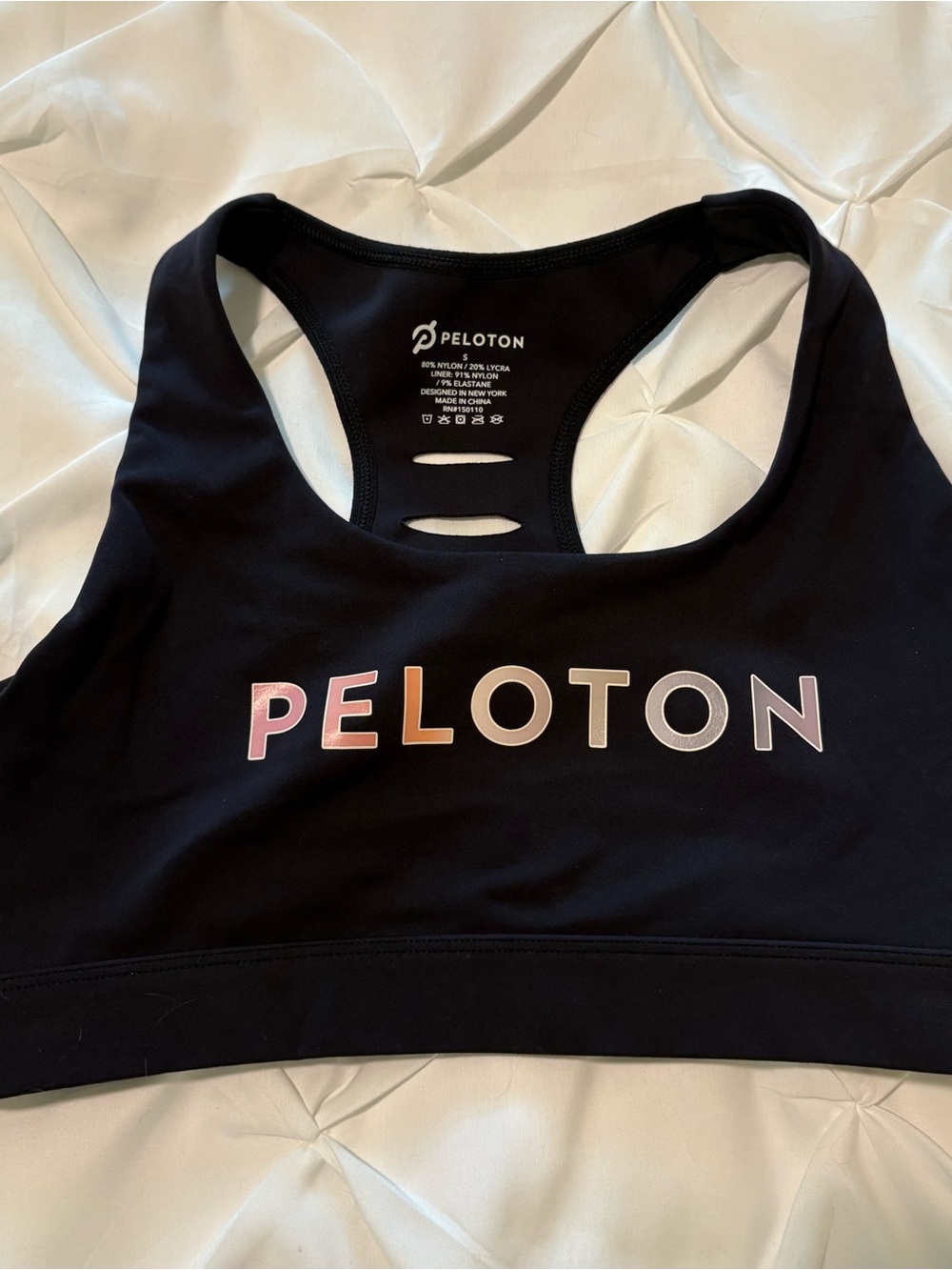 Peloton Intimates Black Pastel Block Letter Sports Bra, size Small NWOT